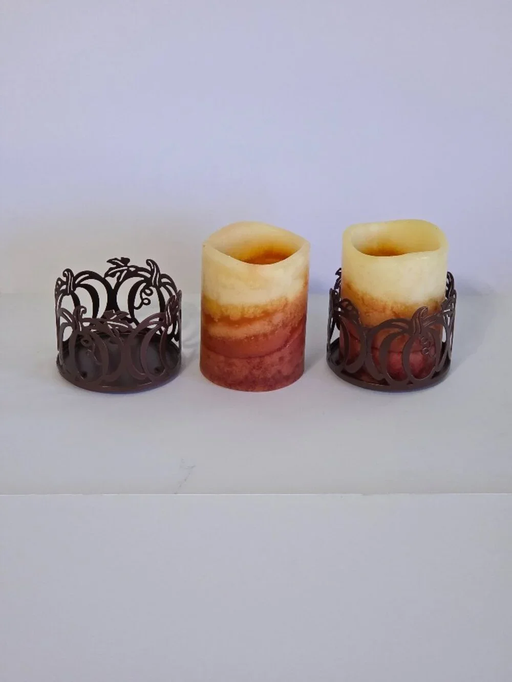 Set of 2 Flameless LED Pillar Candles w/ Bronze Pumpkin Holders Fall Thanksgivin